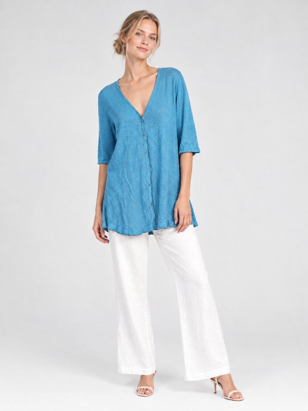 2/$30 J. Jill Elbow Sleeve V-Neck Linen Blend Cardigan Aqua Blue Medium #A4714